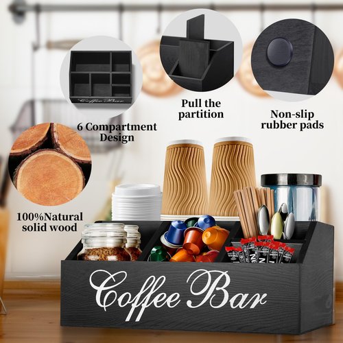 MISTOD Coffee Station Organizer Pods Holder for Counter, Farmhouse Wood Coffee Bar Accessories and Tea Condiment Basket Storage Organizer Decor