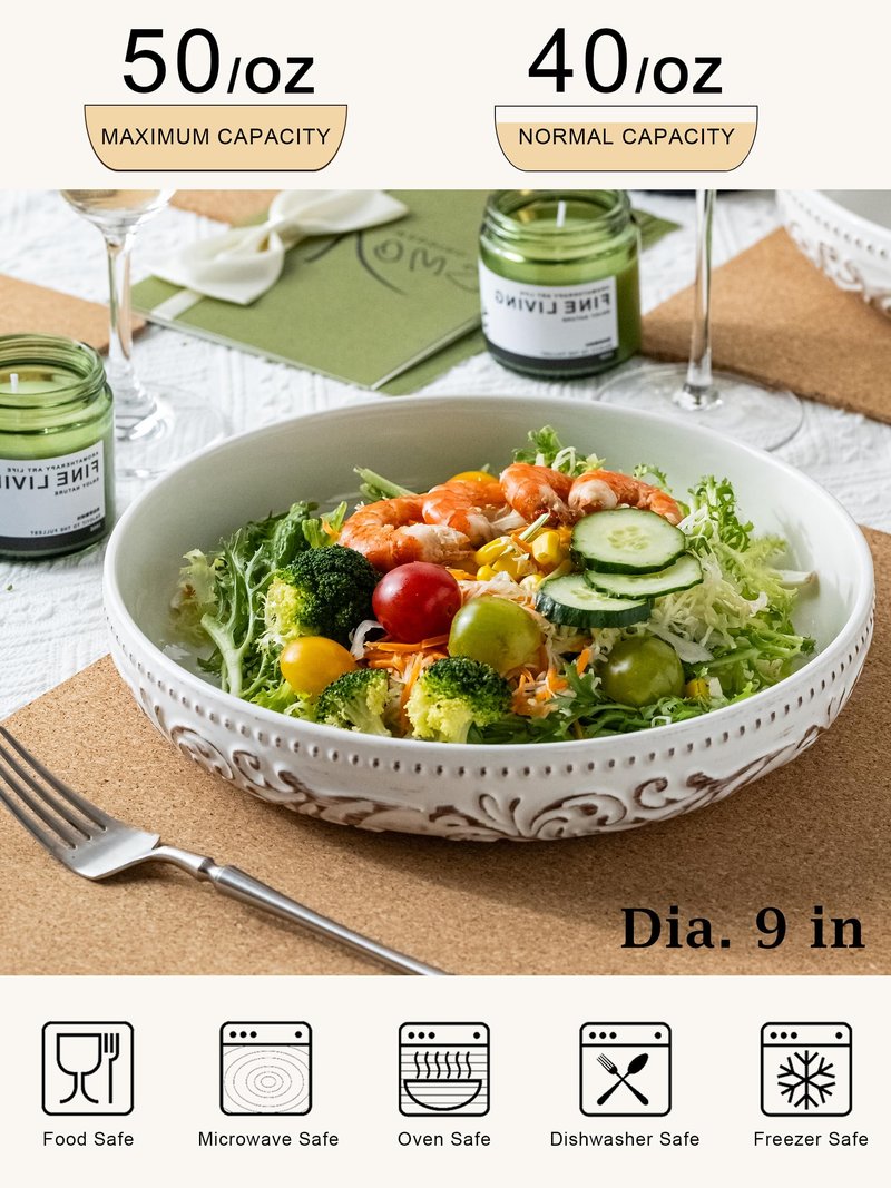 YHOSSEUN Pasta Bowls Set of 4, 50 OZ Large Salad Serving Bowls, 9.75" Pasta Plates Shallow Bowls Set, Microwave Dishwasher Safe, Antique Morning Glory