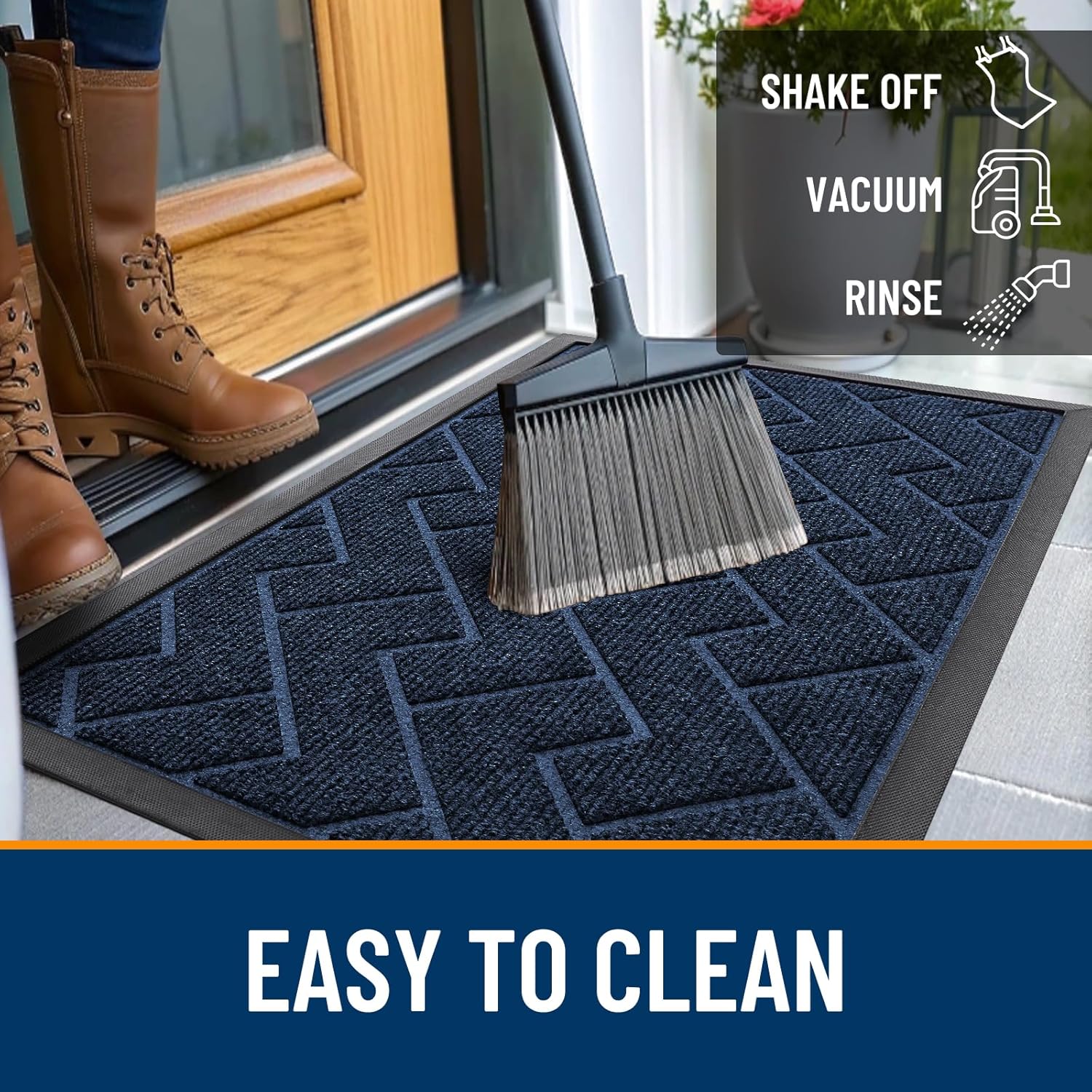 OLANLY Waterproof All-Season Front Door Mat - Sturdy Natural Rubber, Low Profile, Herringbone Brick Design (Blue, 36x24)