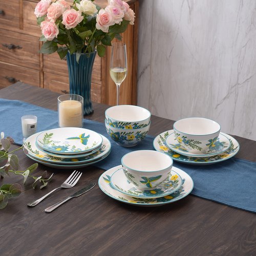 HomePop Ceramic 12-Pieces Dinnerware Sets,Dish Plates and Bowls Sets - Blue Turquoise