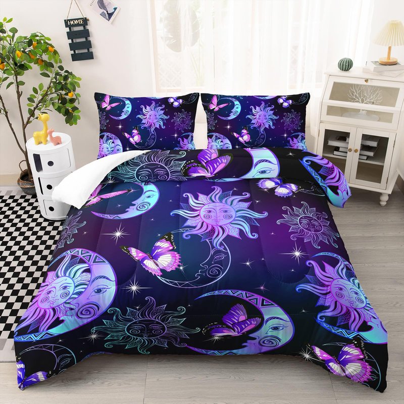 Ntlfup Sun and Moon Comforter Set, Queen Size Butterfly and Star Bedding Set for Girls, 3D Printed Bohemian Gothic Duvet with 2 Pillowcases
