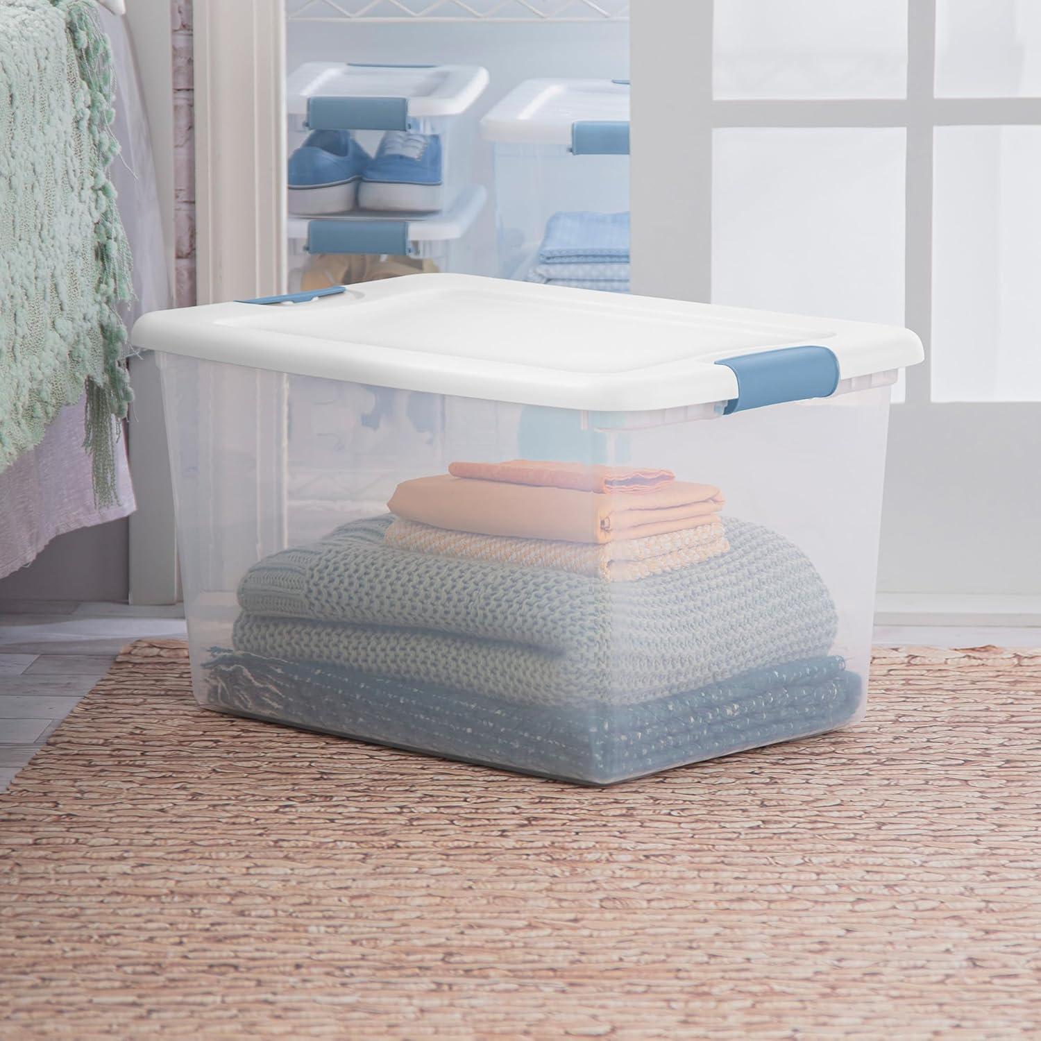 Sterilite 64 Quart Latching Storage Bins - Clear Plastic Organizer with White Lids for Home & Dorm
