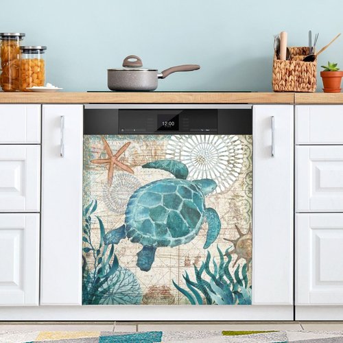 Sea Turtle Dishwasher Magnet Cover Decoration,Summer Theme Dishwasher Magnetic Cover 23” x 26”,Turtle Refrigerator Magnet Sticker
