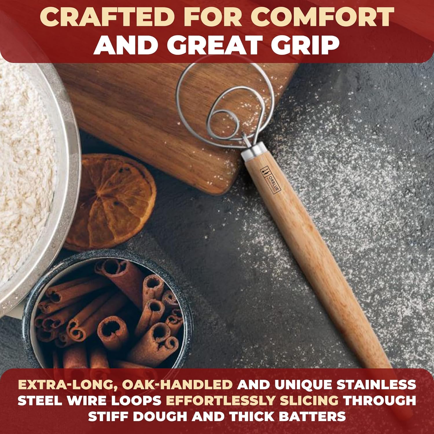 ORBLUE Premium Danish Dough Whisk - Stainless Steel Ring for Bread, Pastry & Pizza Dough - 13-Inch