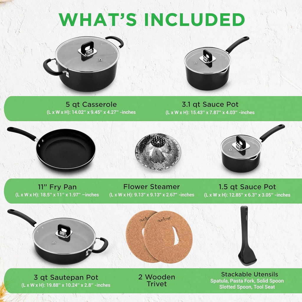 NutriChef 17-Piece Non-Stick Cookware Set - Space-Saving, Induction-Compatible, Black Pots & Pans with Heat-Resistant Utensils