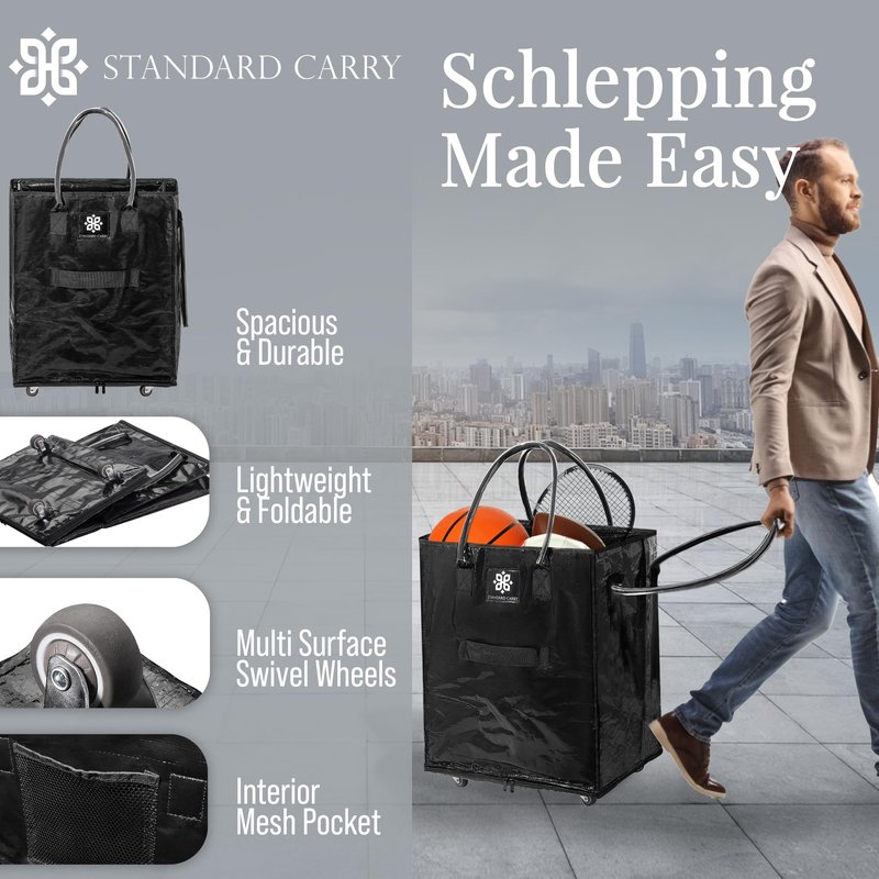 STANDARD CARRY Reusable Grocery Bag With Wheels | Foldable Rolling Tote With Handles | Zipper Closure | Waterproof | Carry up to 65Lbs [Medium, Black]