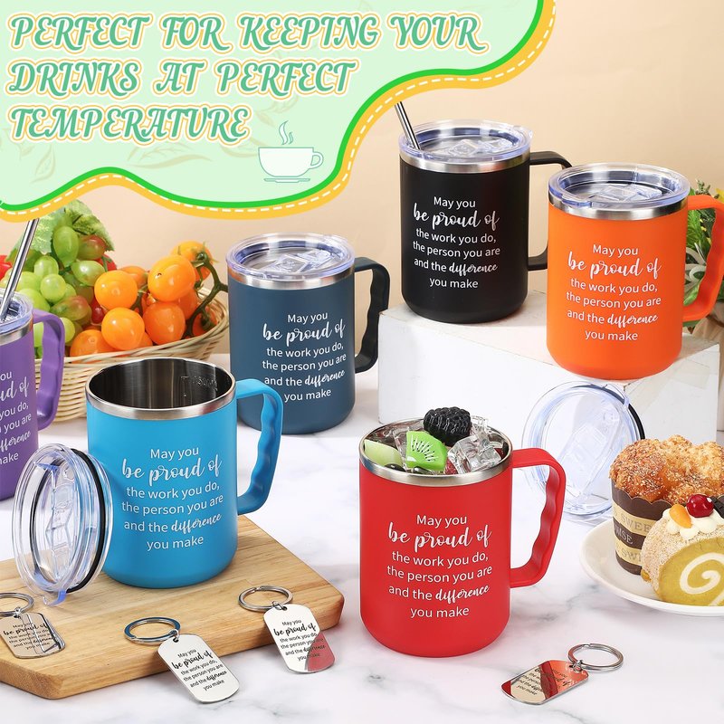 Gandeer 12 Sets Employee Appreciation Coffee Mug Gift 17oz Insulated Stainless Steel Tumbler with Handle and Keychains Thank You Gift for Coworkers Teacher