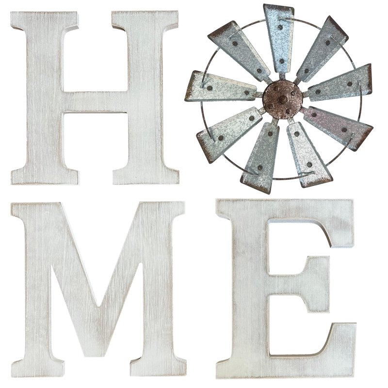 BTD Rustic Home Sign – Large White Wood Letters with Metal Windmill Decor
