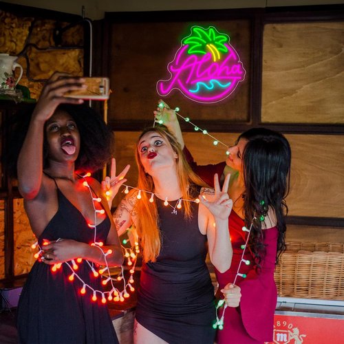 Aloha Neon Sign - Tropical Beach Party Decor | LED Light Up Aloha Wave in Pink, Blue & Green