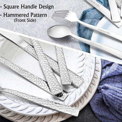 E-far 40-Piece Hammered Silverware Set | Modern Stainless Steel Flatware for 8 - Dishwasher Safe