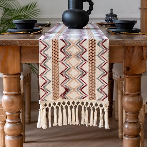 Crisjanggo Cotton Linen Table Runner 12 x 90 Inches Long Boho Rustic Decor with Tassels Modern Farmhouse Table Runner for Party Weddings Baby Shower