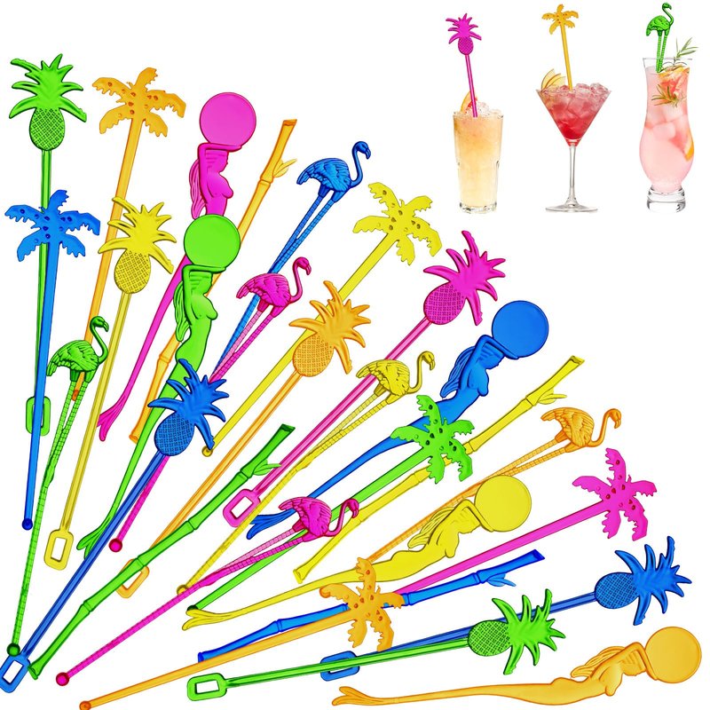 Willinglong 100 Assorted Tropical Swizzle Sticks Bar Cocktail Stirrers Luau Palm Tree Flamingo Fun Reusable Novelty Beverage Cocktail Margarita Tiki Drink Stirring Sticks for Birthday Wedding Party