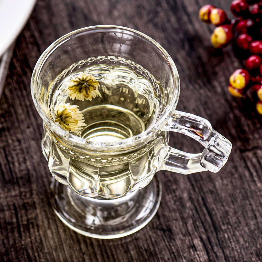 binsakao Turkish Tea Glasses Set of 6 - Small Moroccan Tea Glasses with Handle - 5 oz Espresso Cups - Footed Glass Coffee Mugs for Cold Beverages