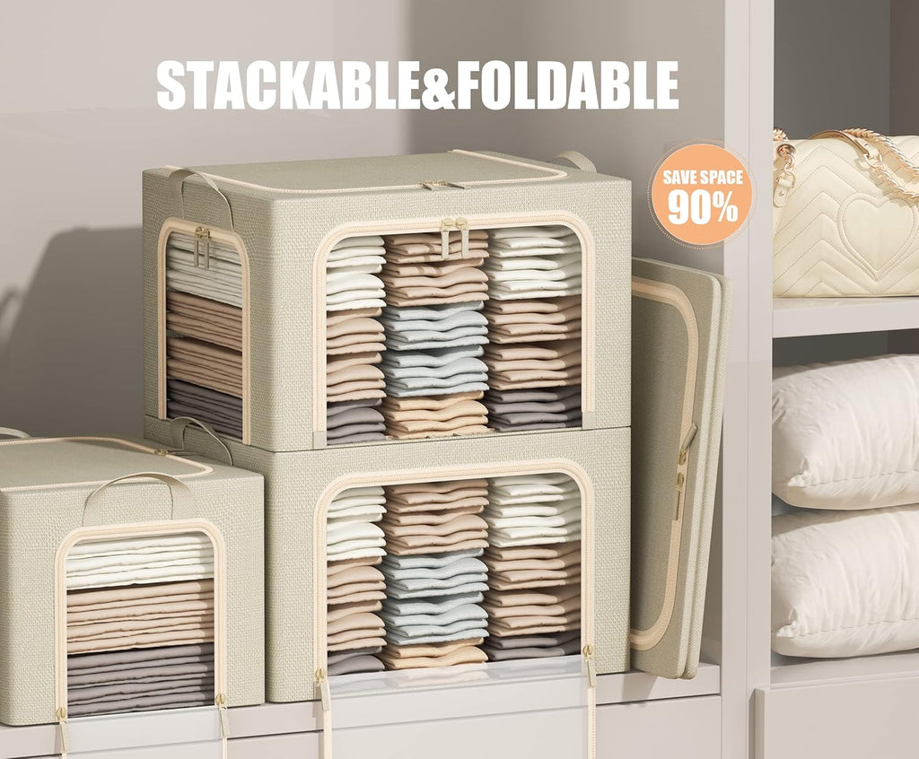Skiennix Foldable Clothes Storage Bins - 3 Openings with Metal Frame, Lid & Clear Window | 40L, Beige