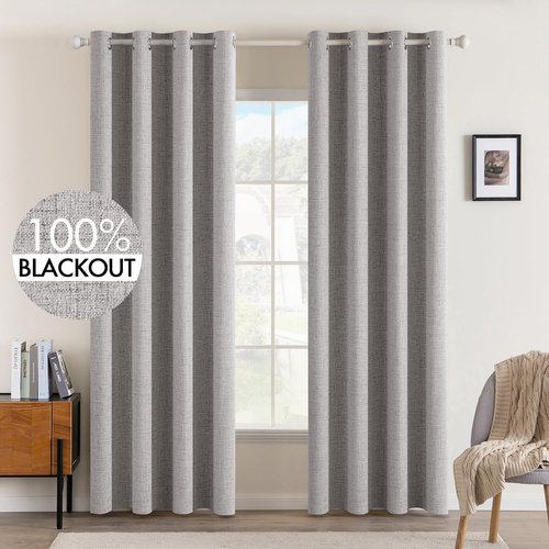 MIULEE 90-Inch Linen Texture Blackout Curtains - Thermal Insulated Light Gray Drapes | 52x90 Inch (2 Panels)