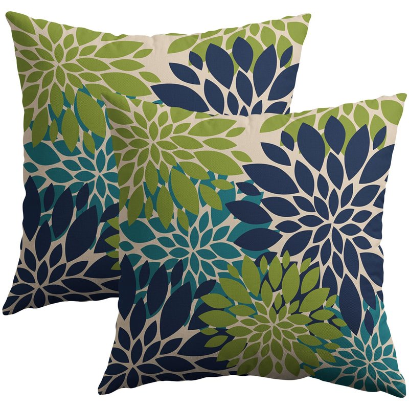 Smozenith Navy Blue Green Teal Pillow Covers 18X18 Inch Set of 2, Modern Geometry Dahlia Floral Print Decorative Throw Pillow Covers Outdoor Farmhouse Cushion Case for Home Couch Sofa Bed Decoration