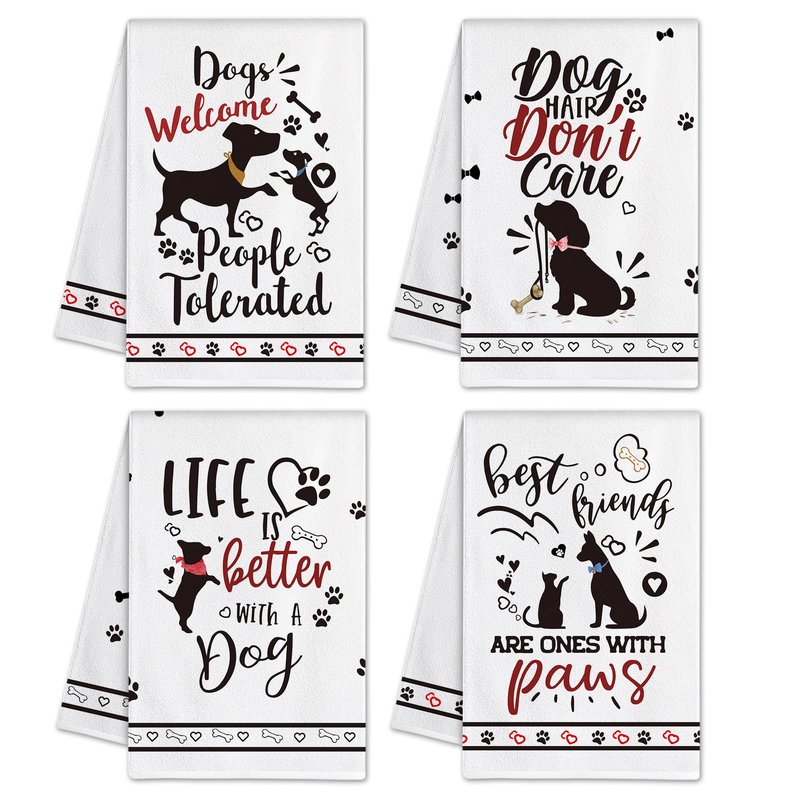 Hexagram Dog Dish Towels and Dish Cloths Dog Mom Gifts for Women Lovers, Funny Kitchen Hand Towels Sets of 4, Dogs Welcome People Tolerated Sayings Tea Towel Housewarming Decor for New Home Bathroom