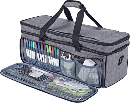 HOMEST Double Layer Carrying Case - Mat Pocket for Cricut Maker 4 & Explore 4 | Grey with Multi Front Pockets