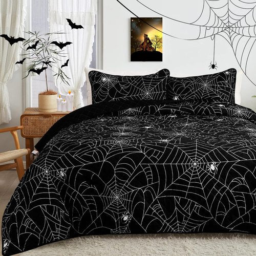 FRAMICS 3 Pieces Halloween Quilt Set King Size, Spider Web Quilt Set, Lightweight Black Quilt, Halloween Bedding Set, 106" x 96", 1 Quilt+2 Pillow Shams