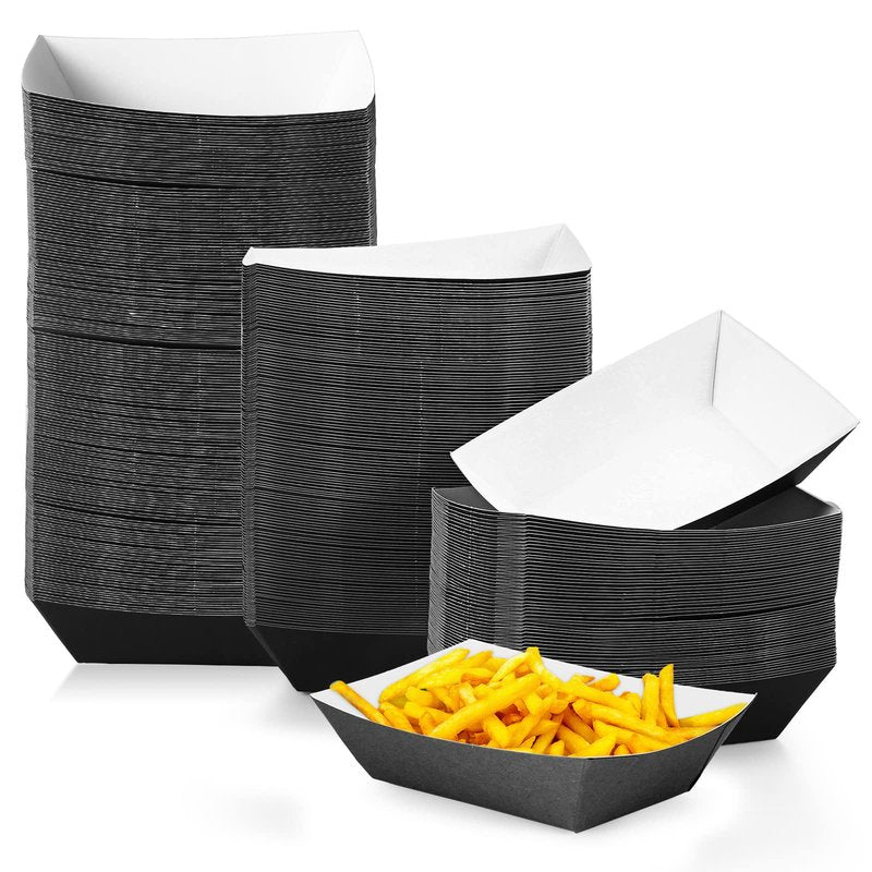 Yinkin 200 Pcs Paper Boat Disposable Graduation Food Trays Nacho Trays Kraft Paper Boats for Tacos Concession Party Supplies(2lb,Black)