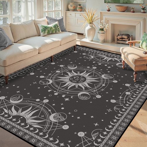 5' X 7' Sun and Moon Rug Boho Celestial Area Rugs for Bedroom Dorm Living Room Bohemian Occult Crescent Solar Stars Galaxy Floor Mat Pad Doormat Carpet,150 X 210cm,Tundora