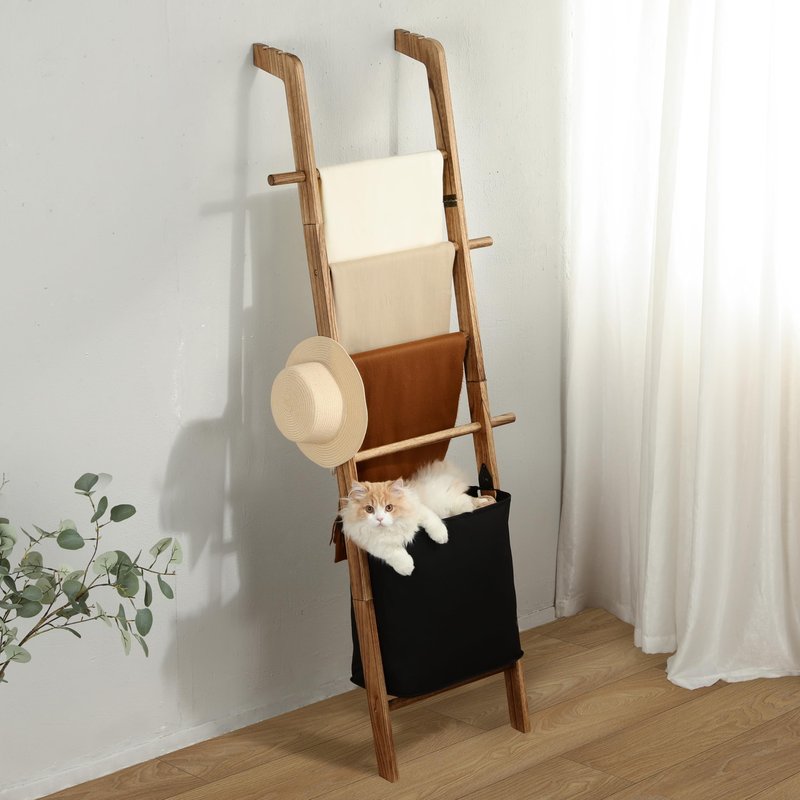 67-Inch Farmhouse Blanket Ladder with Basket, Rustic Wooden Display Ladder for Throws, Blankets, Quilts & Towels, Sturdy Wall Leaning Decorative Storage Rack for Bedroom, Living Room and Bathroom