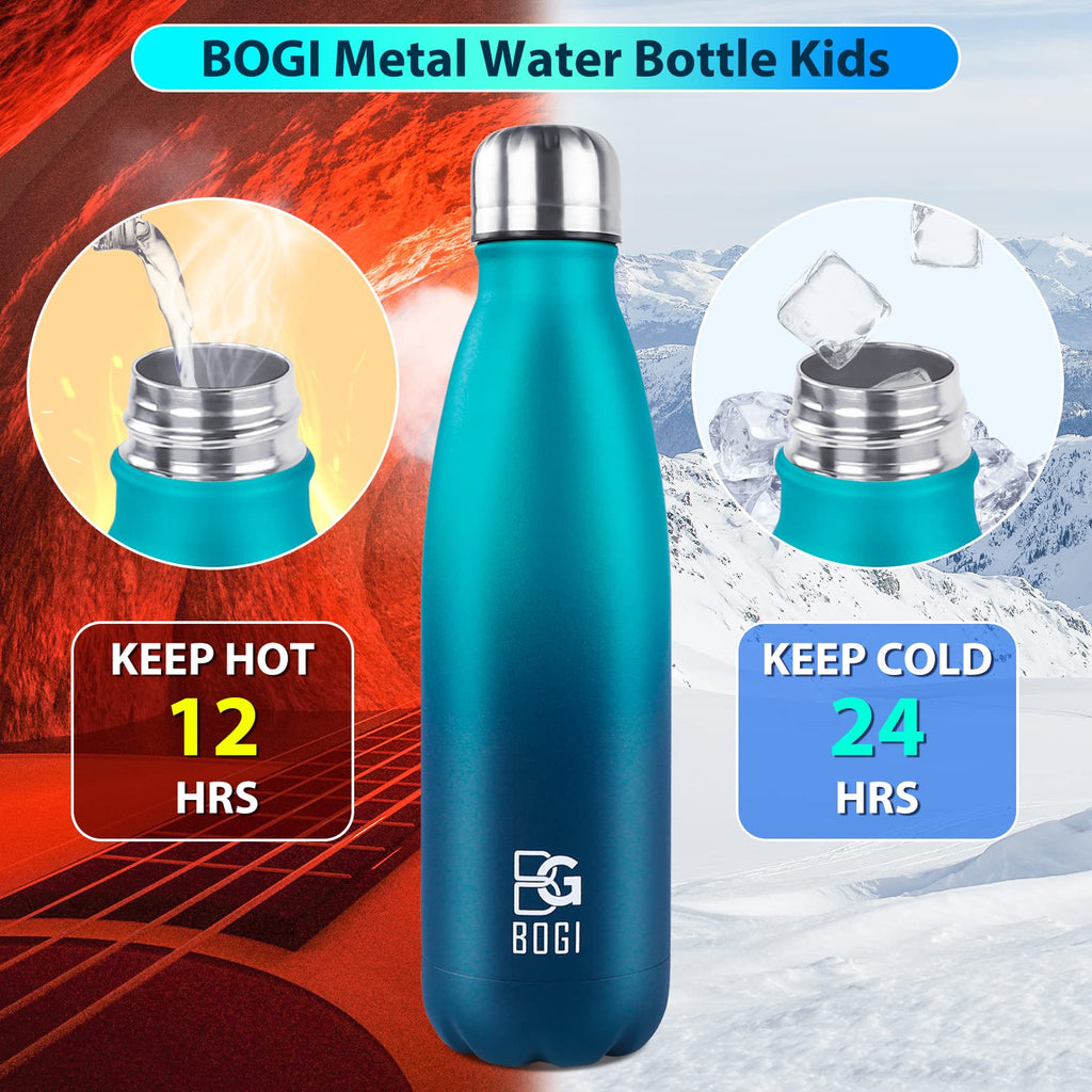 BOGI Insulated Water Bottle, 17oz 2 Pack Stainless Steel Water Bottles, Leak Proof Sports Metal Water Bottles Keep Drink Cold for 24 Hours and Hot for 12 Hours BPA Free kids water bottle for School