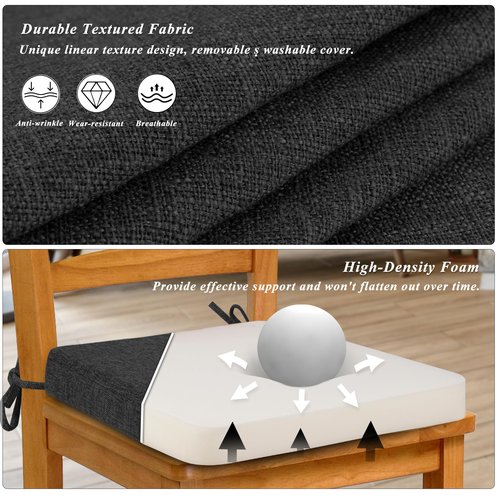 FlyGulls Square Chair Cushions 6 Pack Thick Pads with Ties Comfortable Non Slip for Indoor Dining Room and Kitchen 16" x 16" Black