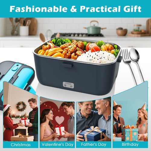 COZYEXPERT Electric-Lunch-Box-Heated-Food-Warmer 100W Heating Lunchbox for Adults 1.8L Portable Food Heater for Work/Car, 12V/24V/110-230V Lonchera Eléctrica Portátil with Fork Spoon (Gray+Blue)