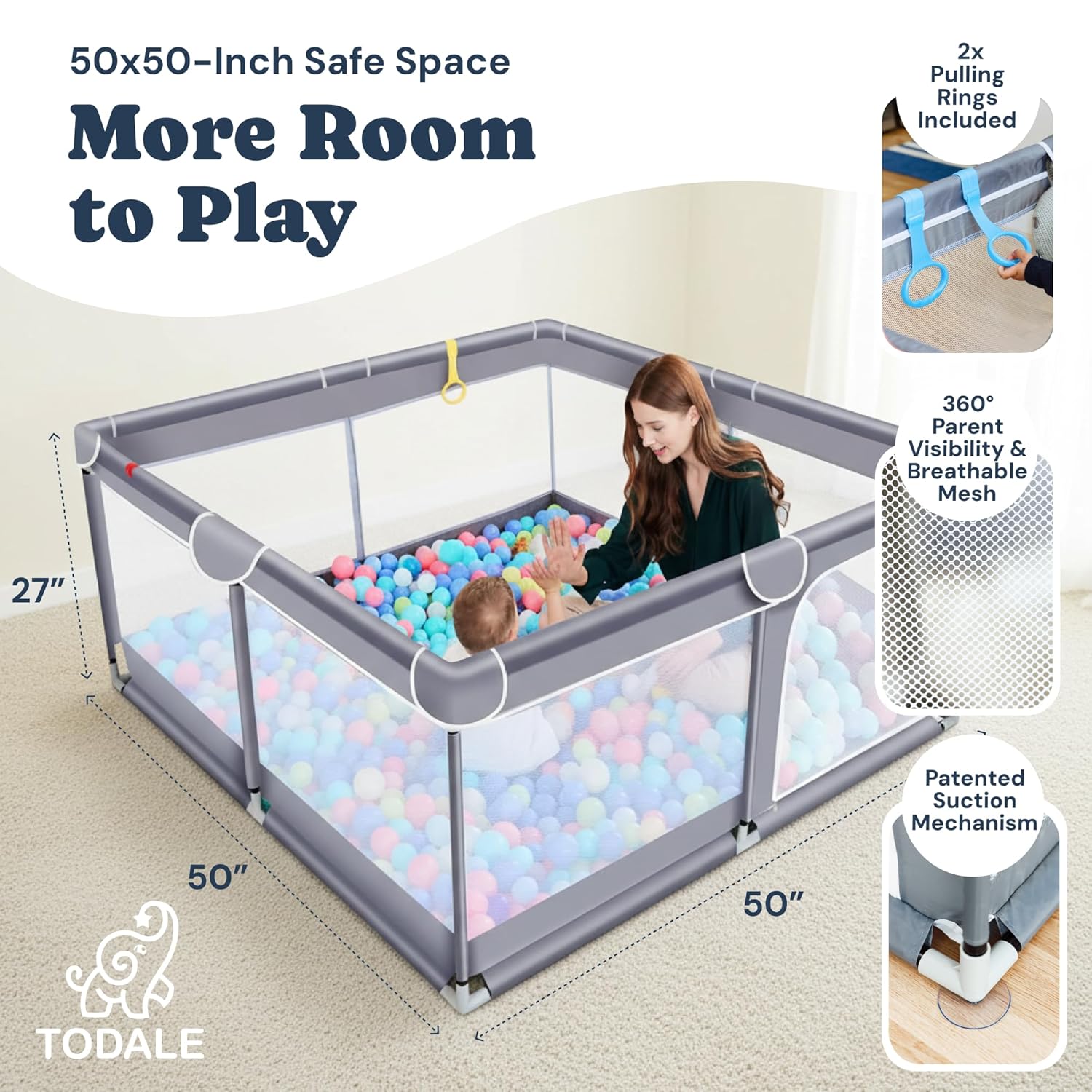 Todale Baby Playpen - Grey Foldable Playpen for Infants & Toddlers | Easy Setup & Ventilated Design - 50 x 50 x 27 in