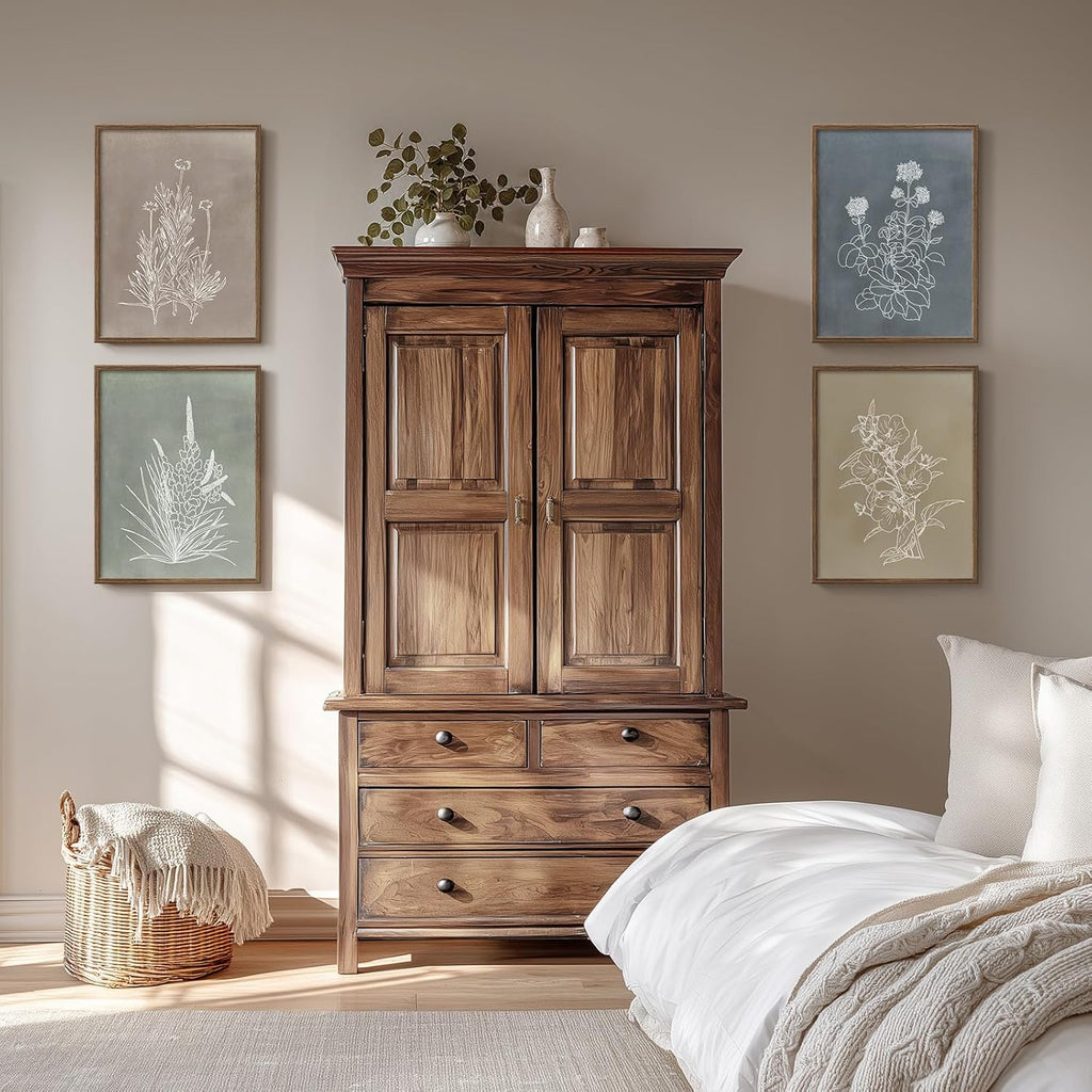 Skiennix Framed Boho Botanical Wall Art - 4 Piece Rustic Floral Canvas Set for Modern Decor