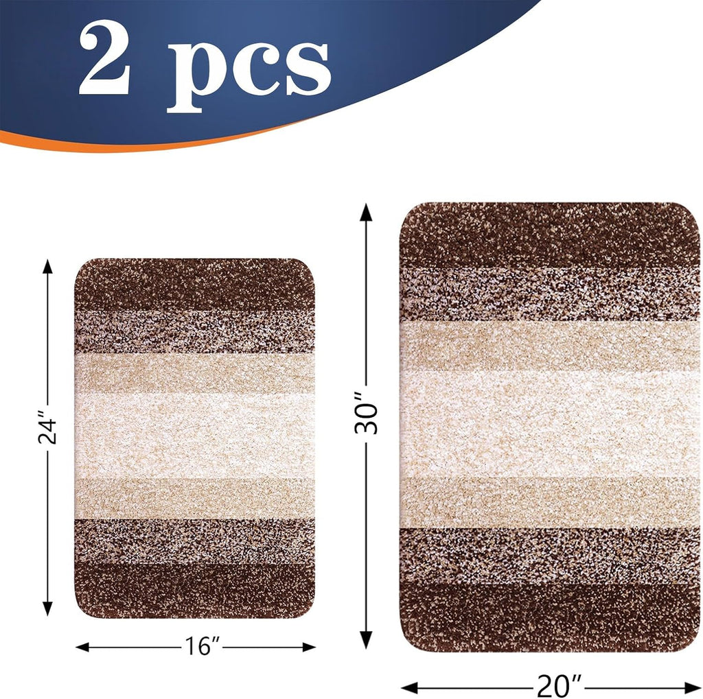 OLANLY Soft Absorbent Microfiber Bathroom Rug Set - Non-Slip Plush Shaggy Mats (30"x20" & 24"x16", Brown)