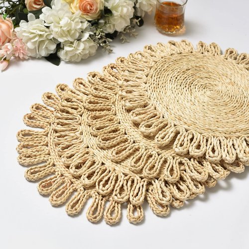 IcosaMro Round Woven Placemats for Dining Table Set of 6 Small Natural Braided Rattan Tablemat Flower Wicker Charger Plates for Holiday Christmas Kitchen Table Mat, Beige, 12.5 Inches