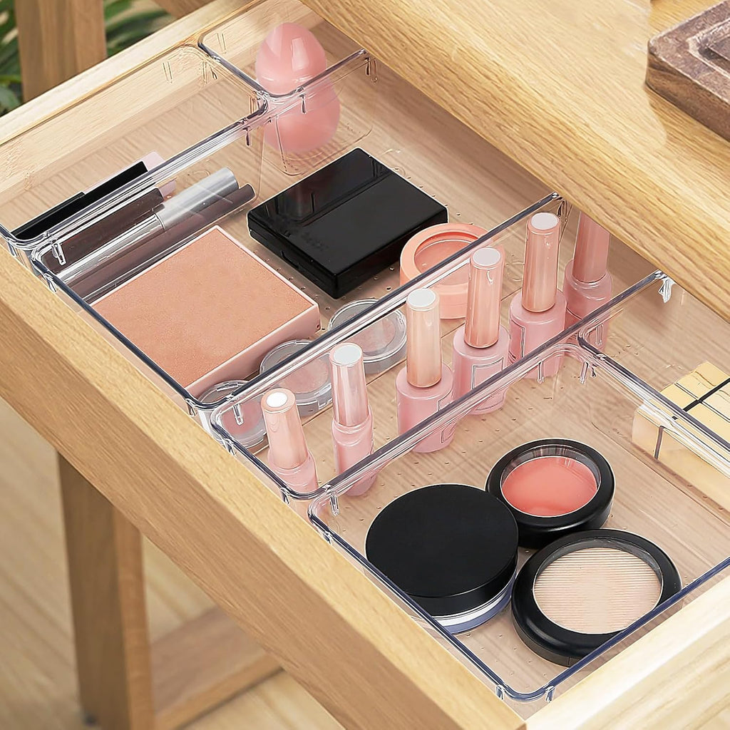 StorMiracle Drawer Organizer Set - 16 PCS Clear Storage Bins for Bathroom & Kitchen | Versatile Sizes for Makeup, Jewelry & Utensils