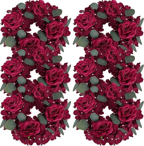 Artificial Flower Candle Rings - 6-Inch Burgundy Rose Floral Wreaths with Butterflies for Weddings & Events