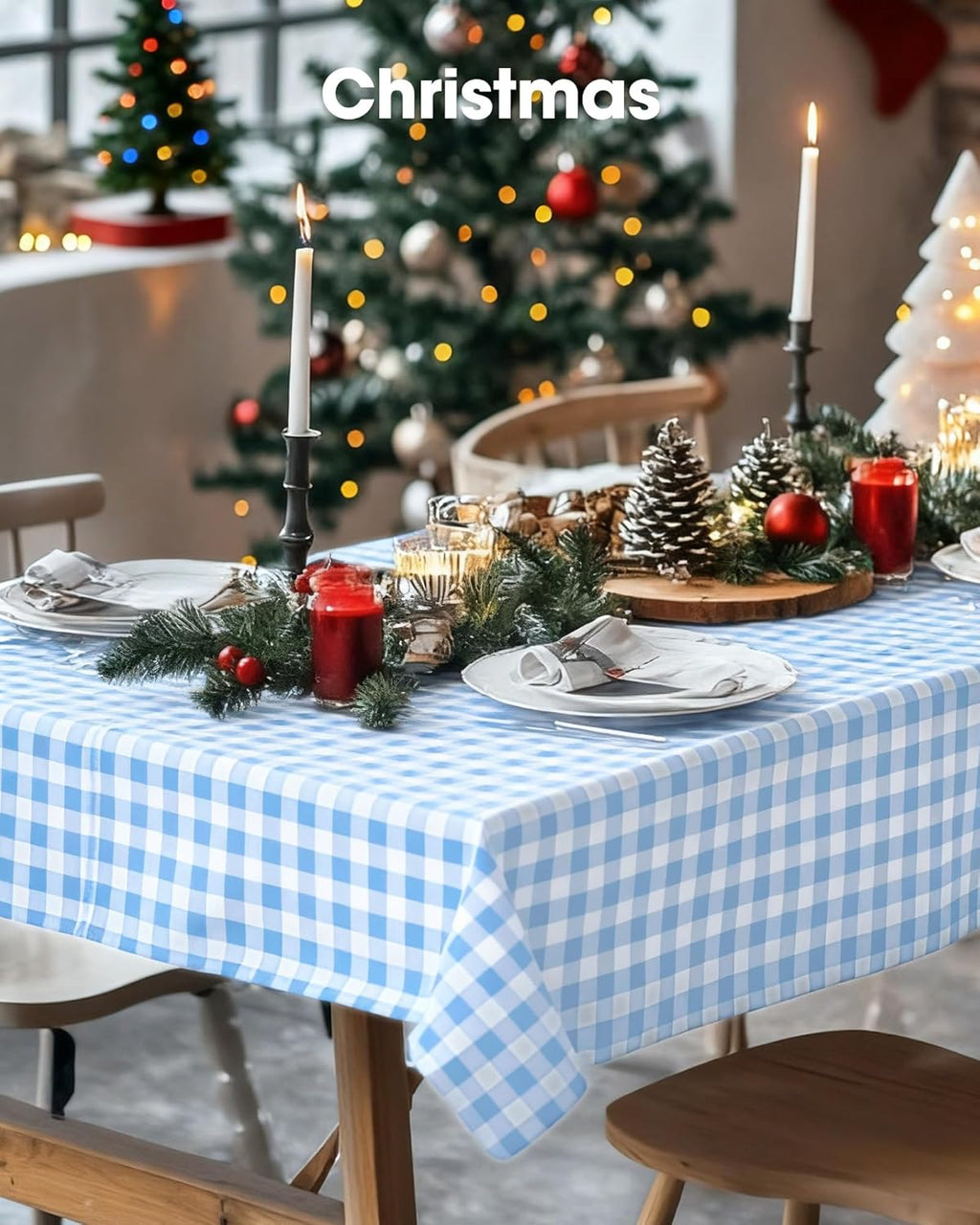 Pureegg Disposable Table Cloths - 8 Pack of 54 x 108 Inch Blue Gingham Rectangle Covers | Leakproof & Sturdy