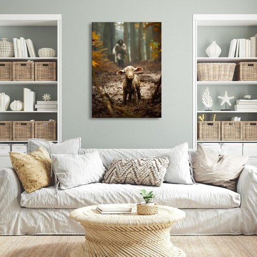 Jesus Wall Art | Large Canvas Print of Jesus Running After Lost Lamb | 24” x 36” Home Decor