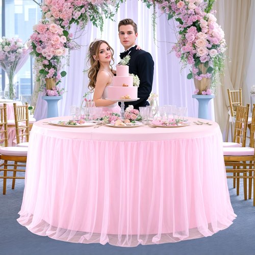Pink Tulle Round Valentine Table Cloth for 72 Inch Round Tables, Pink Banquet Tablecloth Table Cover, Floor Length Tablecloths, Circle Tutu Tulle Table Cloths Table Skirt for Wedding Party
