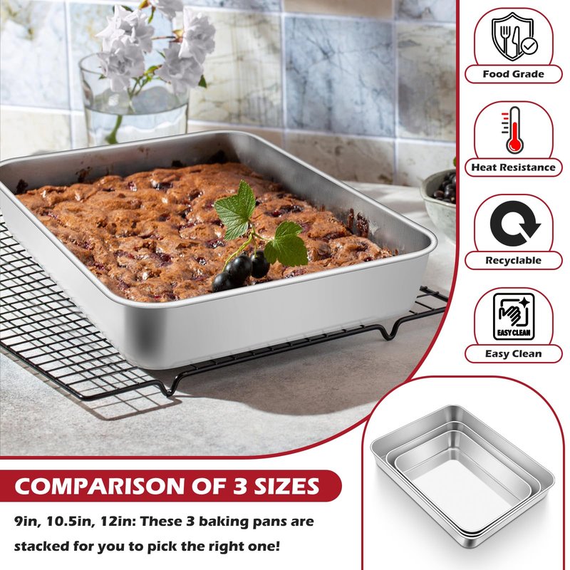 Leonyo Stainless Steel Baking Pans Set of 2, 12⅓ x 9¾ x 2 Inch Cake Pan, Nonstick & Heavy Duty, Deep Rectangular Lasagna Pan Sheet Bakeware for Focaccia, Bread, Brownies, Casseroles Dish