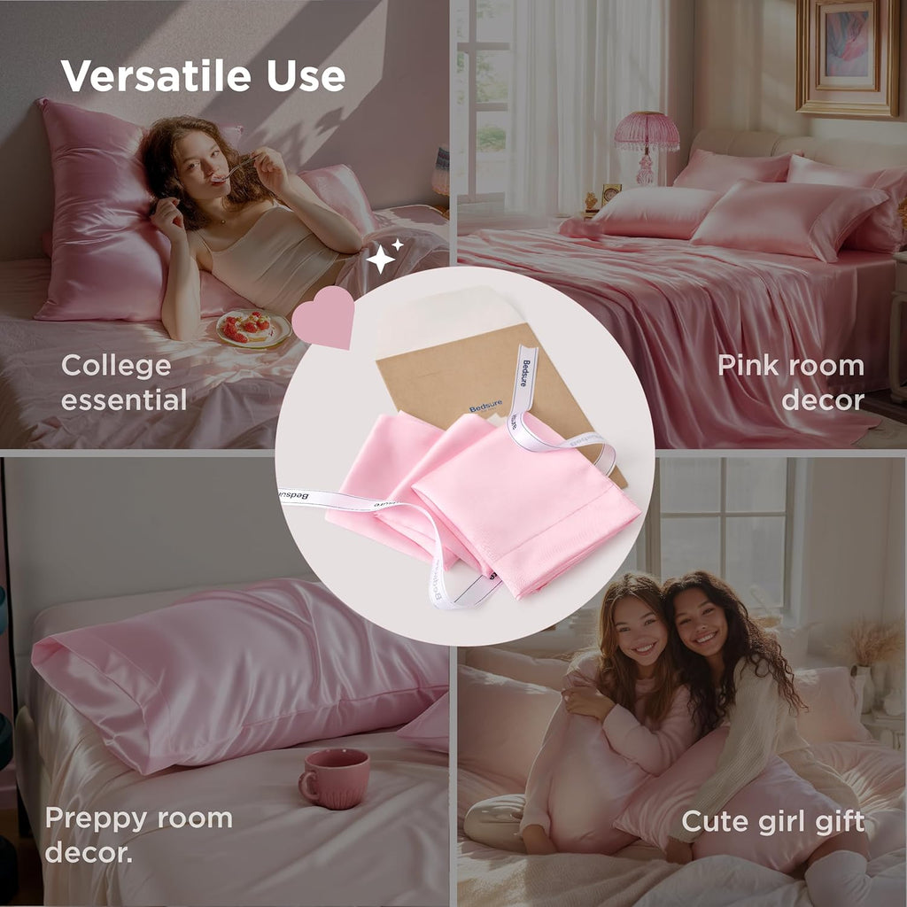 Bedsure King Size Satin Pillowcase Set - Pink Silky Pillow Cases for Hair & Skin, 20x36 Inches (2pcs)