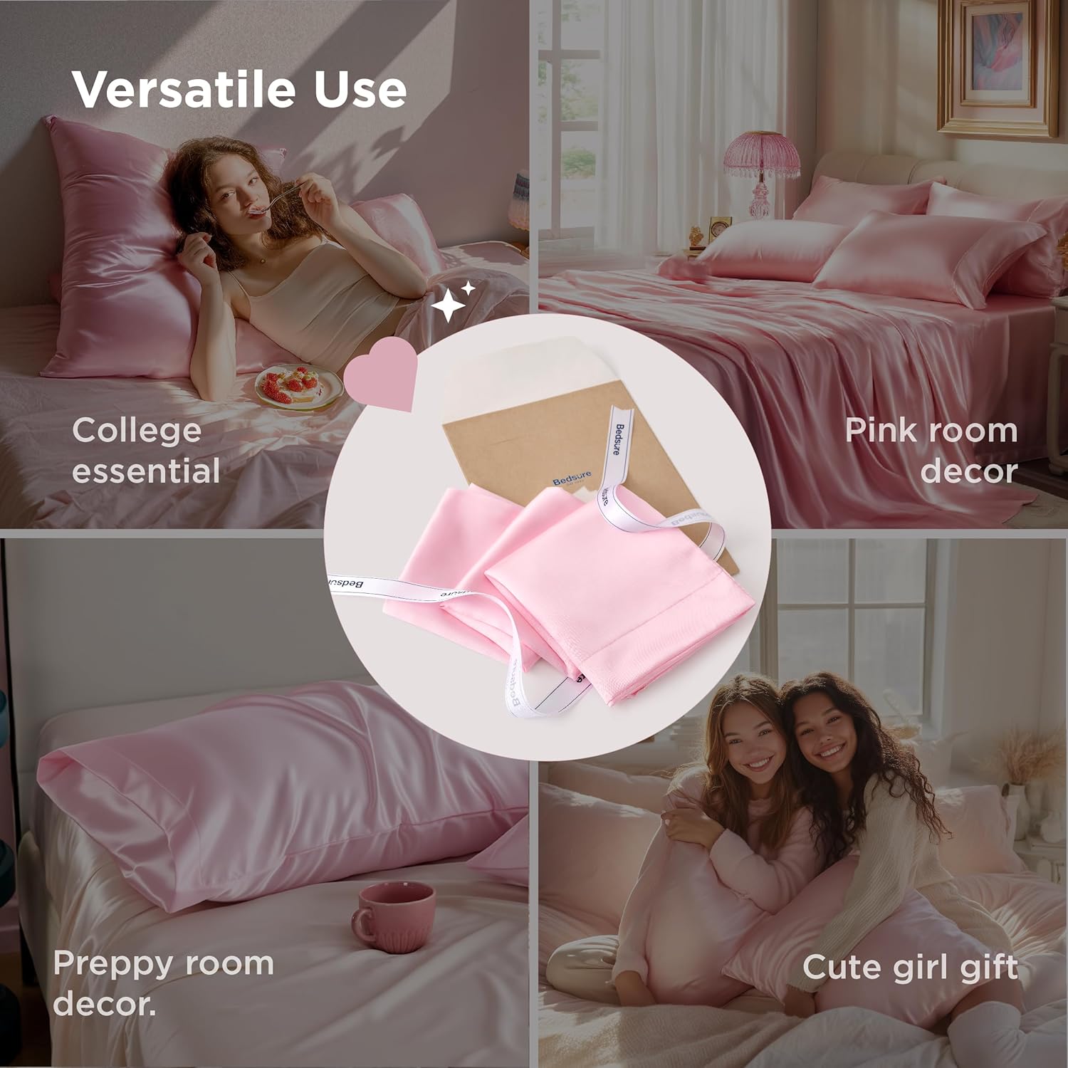 Bedsure King Size Satin Pillowcase Set - Pink Silky Pillow Cases for Hair & Skin, 20x36 Inches (2pcs)