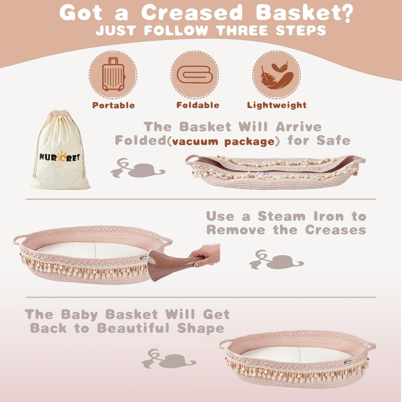 Nurcret Baby Changing Basket, Foldable Portable Changing Pad, Moses Basket for Newborn, Changing Table Topper for Dresser, Cotton Rope Diaper Caddy for Travel&Nursery, Waterproof Foam Pad Cover, Pink