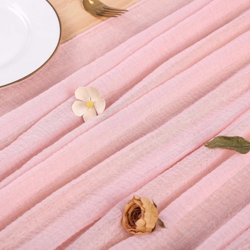 Blushing Pink Cheesecloth Table Runner - 10ft Gauze Runner for Weddings & Events | 32x120 Inches, Boho Rustic Decor
