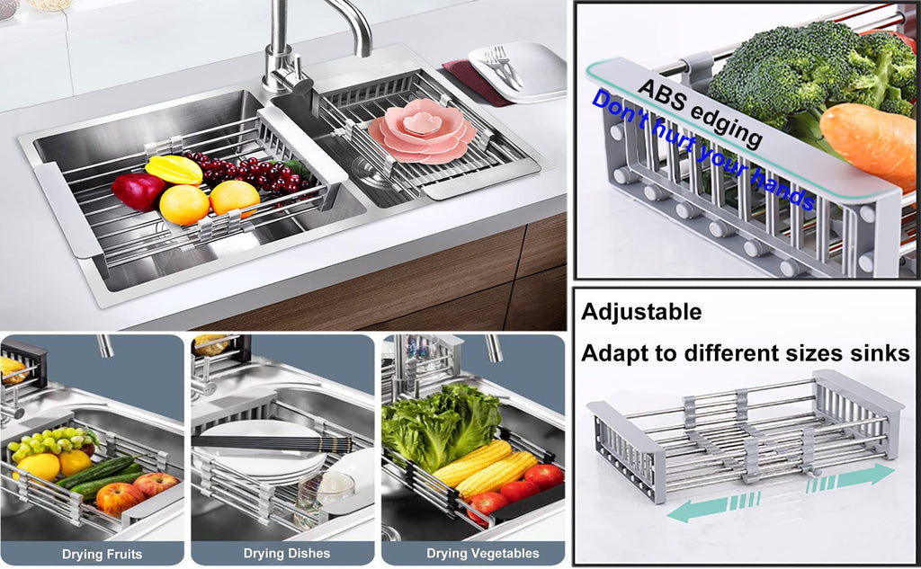 GULICA Dish Drying Rack Black, Adjustable Stainless Steel Drainer Basket Drain Tray for Dish Vegetable Fruit, 18.2" x 8.9", On or in Sink Kitchen Basket Dish Drying Rack