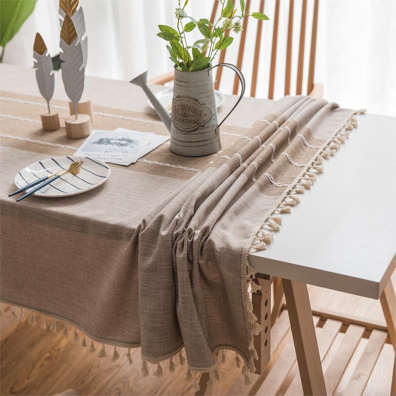 Sutuo Home Boho Cotton Linen Embroidery Table Cloth with Tassel, Tablecloths for Long Rectangle Table, Water Resident Tablecloth for Dining Room Patio Party Oblong, Coffee 55''x 120'', 10-12 Seats