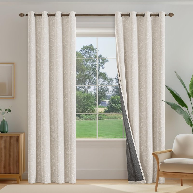 Xwincel Beige Floral Jacquard Blackout Curtains 84 Inches Long for Bedroom, Flower Chenille Rustic Farmhouse Curtains Living Room Darkening Thermal Insulated Drapes, Grommet Window Curtains 2 Panels