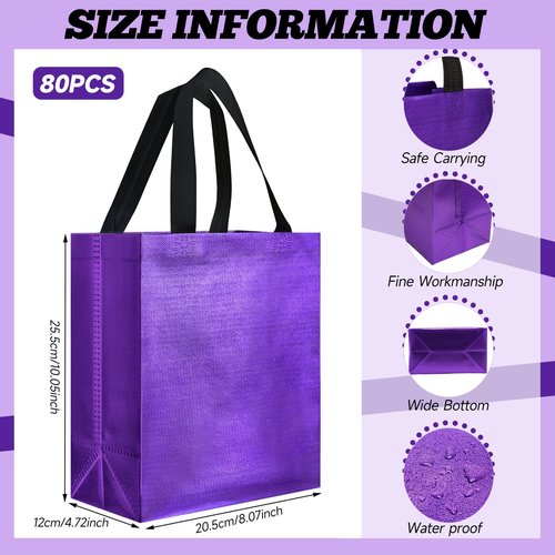 Eccliy 80 Pcs Reusable Gift Bags Set Glossy Grocery Gift Tote with Handle for Wedding, Mothers Day, Spring Event, Graduation(10 x 8 x 4.7 Inch,Purple with Black Handles)
