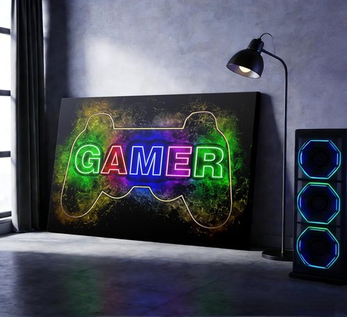 Cool Gaming Canvas Wall Art - Colorful Neon Gamepad Poster for Teen Boys' Room | 12 x 16 Inch