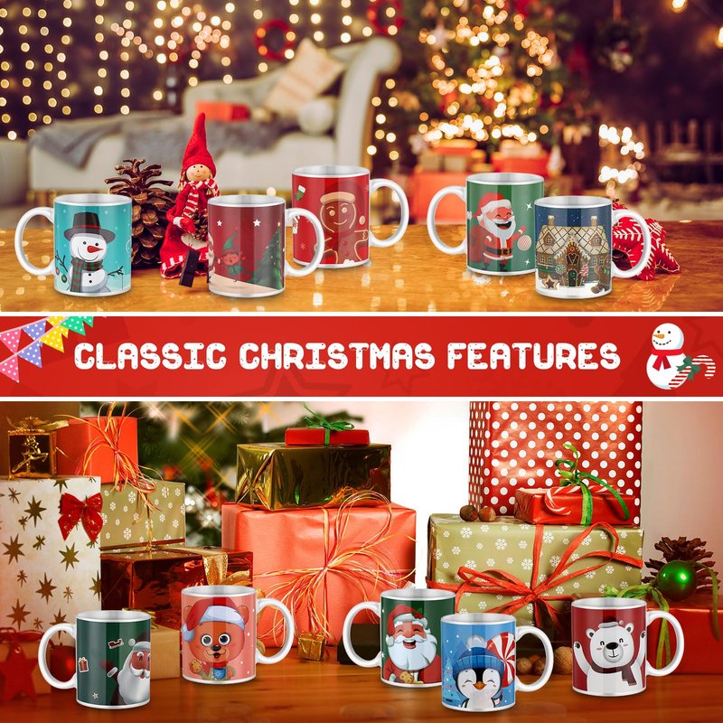 Tioncy 12 Pcs Christmas Coffee Mugs Set 11 oz Ceramic Christmas Mugs with Handle Ceramic Matching Cups Holiday Party Stackable for Home Centerpieces Housewarming Holiday Party Gift(Classical)