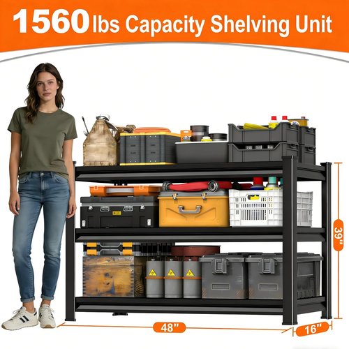 Metal Garage Shelving - Heavy Duty 3-Tier Utility Shelves | Adjustable Freestanding Rack - 48'' Wide, Black